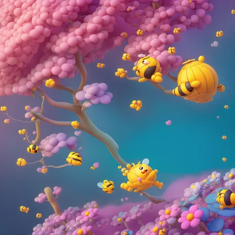 there is one bee (one bee) flying over a field of flowers, a 3D render by jeonseok lee, trending on polycount, conceptual art, cute 3 d render, soft 3d render, cute! c4d, stylized as a 3d render, stylized 3d render, adorable digital painting, cute detailed...