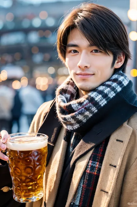 Photorealistic, 8K full body image, A handsome, 20-year-old male, Charming expression, Detailed facial details, Tokyo Oktoberfest, Winters, The background is Shibuya