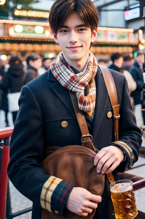 Photorealistic, 8K full body image, A handsome, 20-year-old male, Charming expression, Detailed facial details, Tokyo Oktoberfest, Winters, The background is Shibuya