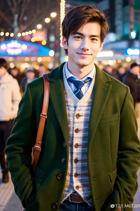 Photorealistic, 8K full body image, A handsome, 20-year-old male, Charming expression, Detailed facial details, Tokyo Oktoberfest, Winters, The background is Shibuya