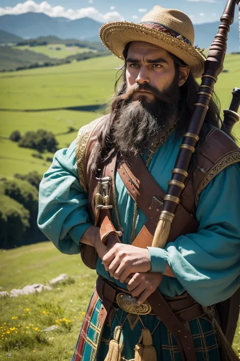 a robust warrior, with long hair and a bushy beard. He holds tightly to a broadsword, with a determined look in your eyes. Next to you, a bard in colorful clothes and a fancy hat, skillfully playing a bagpipe, with an expression of concentration as their m...