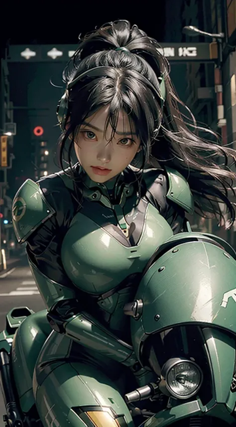 Highest image quality, outstanding details, ultra-high resolution, (realism: 1.4), the best illustration, favor details, highly condensed 1girl, with a delicate and beautiful face, dressed in a black and green mecha, wearing a mecha helmet, holding a direc...