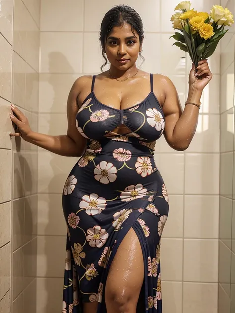 Sri lankan aunty 45 years old curvy body sexy figure fat wearing flower pattern tight long dress at shower wet dress