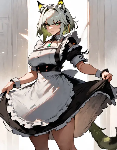 1girl, kaltsit (arknights), arknights  masterpiece, best quality, very aesthetic, absurdres, newest  slim body,///// ,by nyantcha,cutesexyrobutts , by khyle,,////// beautiful face, sexy, serious, angry, green eyes, animal ears, big tits,victorian maid
,  s...