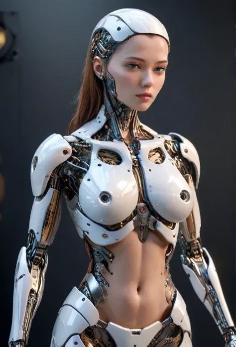 1 woman, beautiful woman, female robot, female cyborg, futuristic cyborg, slender humanoid, graceful humanoid, intricate mechanical parts, intricate robotic parts, hyper-detailed anatomy, hyper-detailed physique, 1/2 body shot, high quality, 4k, 8k, highre...