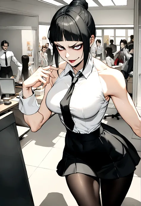 juri han, work of art, tight white secretary shirt with black tie, black high waist skirt, short skirt,stocking, black hair, black tights,evil smile,office,franja nos olhos,iluminação,chifre de cabelos,visão de cima,olhando para cima
