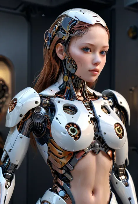 1 woman, beautiful woman, female robot, female cyborg, futuristic cyborg, slender humanoid, graceful humanoid, intricate mechanical parts, intricate robotic parts, hyper-detailed anatomy, hyper-detailed physique, 1/2 body shot, high quality, 4k, 8k, highre...