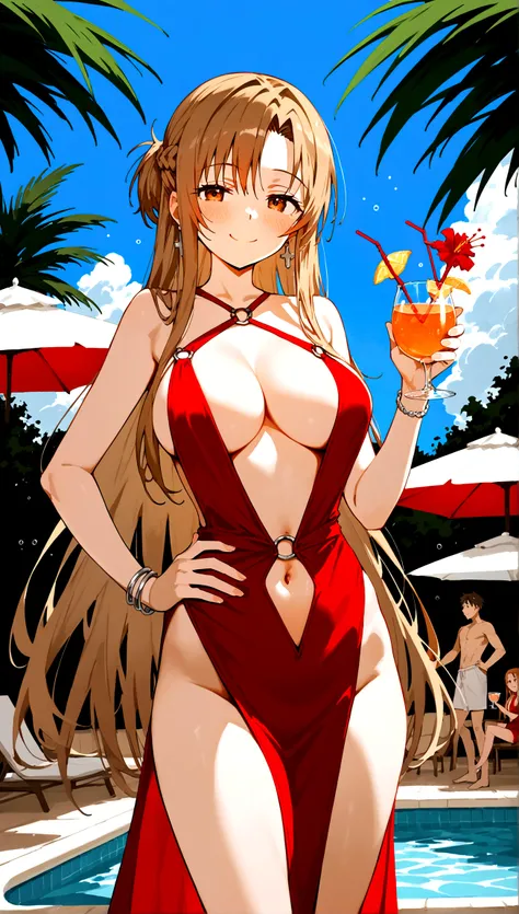 score_9,score_8_up,score_7_up,18 year old,1girl,asuna (sao-alo), sword art online,yuuki asuna,nsfw,brown eyes, brown hair, long hair, bangs, braid,standing,leg lift,hand on hip, holding cup,drunk-seductive-smile,blush,large breasts,brown hair,parted hair,l...