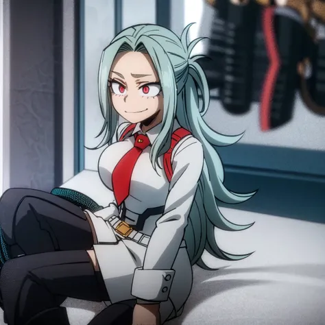 1girl, female focus, boku no hero academia, masterpiece, best quality, very aesthetic, cowboy shot, big breasts, gray jacket, red tie, white shirt, teal skirt, gray tights, boots, long curly hair, vivid orange hair, dark pink eyes, smirk