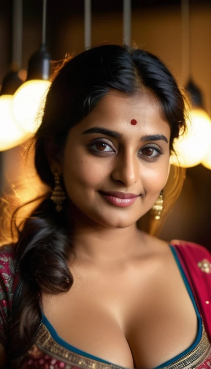 Night, RAW Photography, (((Very Beautiful Portrait))), (Very Beautiful Portrait))), Indian fatty woman , Sexy 35Year Old Girl, (saggy breast )), [Brown Eyes],Gentle Smile Staring at the Camera(cleavage), ((Masterpiece, Best Quality, Ultra Detail, Cinematic...