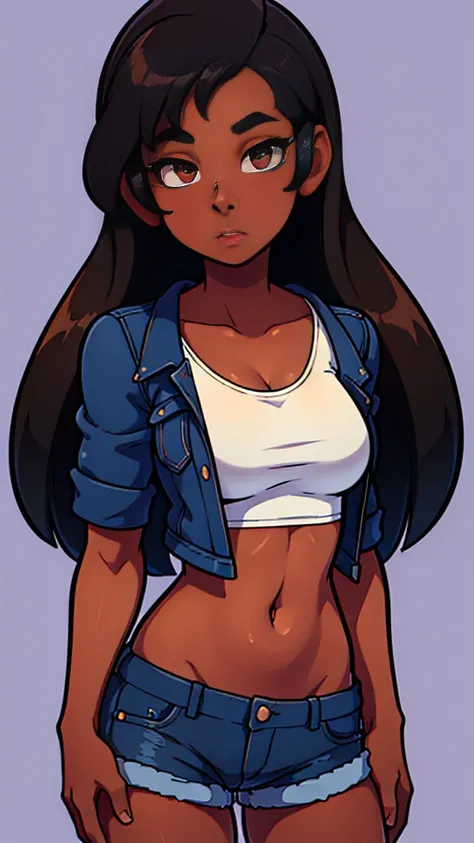 ((no background)) One Dark skin young woman with headphones  with long jet black hair and clearly detailed big brown eyes, ebony nose, wearing a purple top and denim shorts, high quality, 2D, UHD,