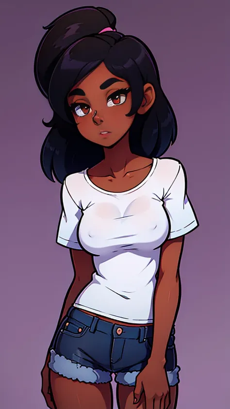 ((no background)) One Dark skin young woman with headphones  with long jet black hair and clearly detailed big brown eyes, ebony nose, wearing a purple top and denim shorts, high quality, 2D, UHD,