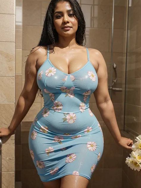 Sri lankan aunty 45 years old curvy body sexy figure fat wearing flower pattern tight bodycon dress at shower wet dress