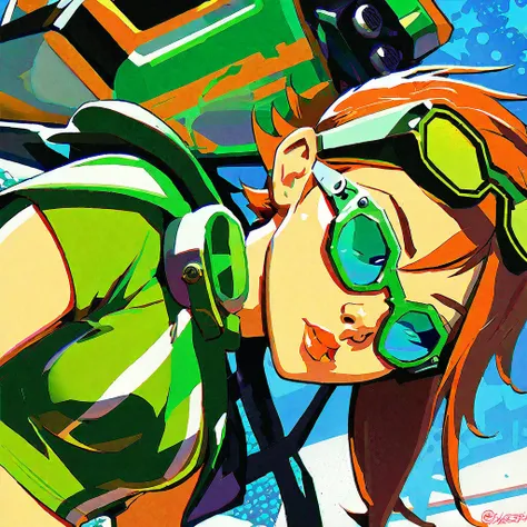 a close up of a woman in a green dress and goggles, jet set radio artwork, style of jet set radio, by Yoshihiko Wada, jet set radio, by Akihiko Yoshida, artstyle : ilya kuvshinov, by shirow masamune, cushart kenz, jet set radio future, ilya kuvshinov style