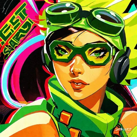 a close up of a woman in a green dress and goggles, jet set radio artwork, style of jet set radio, by Yoshihiko Wada, jet set radio, by Akihiko Yoshida, artstyle : ilya kuvshinov, by shirow masamune, cushart kenz, jet set radio future, ilya kuvshinov style