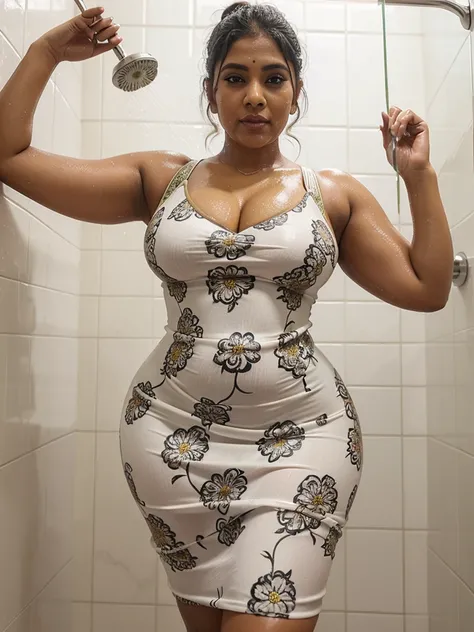 Sri lankan aunty 45 years old curvy body sexy figure fat hairbun wearing flower pattern tight bodycon dress at shower wet dress