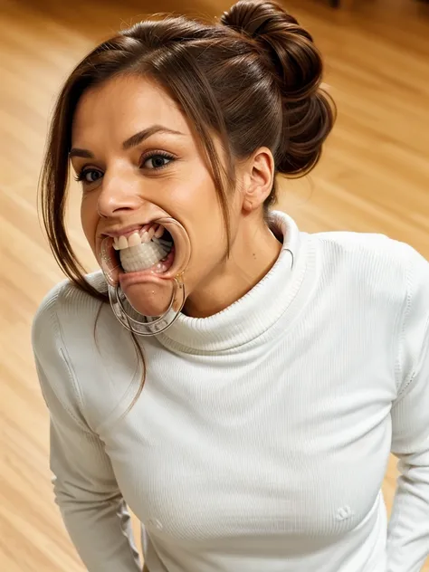 Owned prisoner wife messy long hair thrown into a messy bun ponytail. She wears: ( full turtleneck high ribbed bwhite tight sweater:1.1), seductive smile, perfect fake tits, horny eager granny, teasing sexy old lady, mouth retractor gag, turtleneck top, sa...