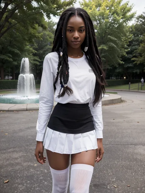 8k, RAW photo, best quality, ultra high resolution, photorealistic, realistic photo of skinny ebony girl, (skinny ebony girl, most beautiful ebony girl in the world, dark skin, slim face, black hair, dreadlocks hair, dreadlocks), in the college campus park...