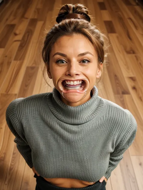 Owned wife messy long hair thrown into a messy bun ponytail. She wears: ( full turtleneck high ribbed tight sweater:1.1), seductive smile, perfect fake tits, horny eager granny, teasing sexy old lady, mouth retractor gag, turtleneck top, saliva dribble