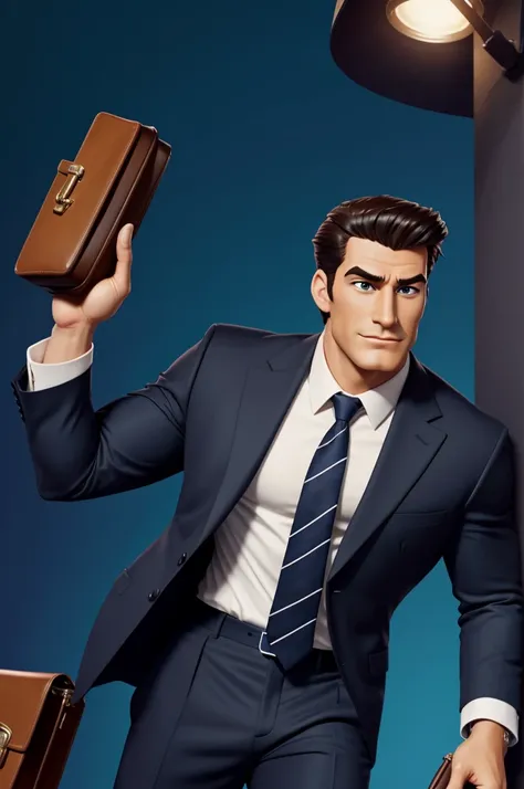 animated cartoon, Disney style, man, Is high, muscular, dark features, wears an elegant suit with a tie, use briefcase in hand 