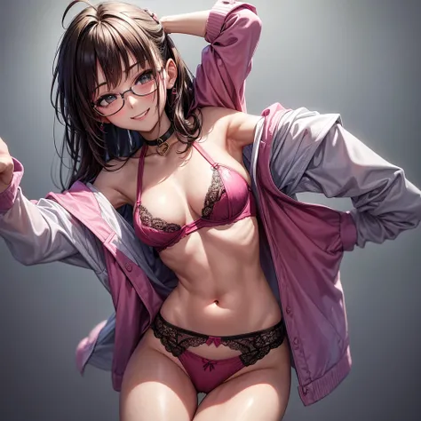 1 pretty girl (18 years) glasses, Upper part of the body, thin waist, little mom, pose sexy, naughty face, hits, random hairstyle, neckline, belly button, neck, seductive smile, Wear hot pink underwear, Gray background