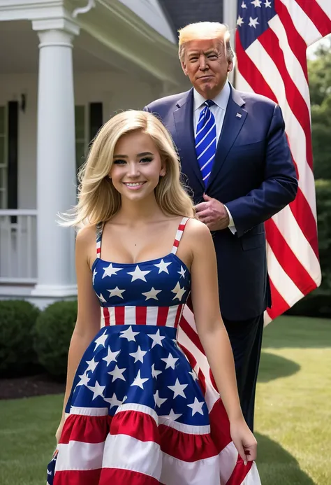 a teenage daughter of donald trump and joe biden. looks like the spitting image of both her dads. wearing an american flag dress...