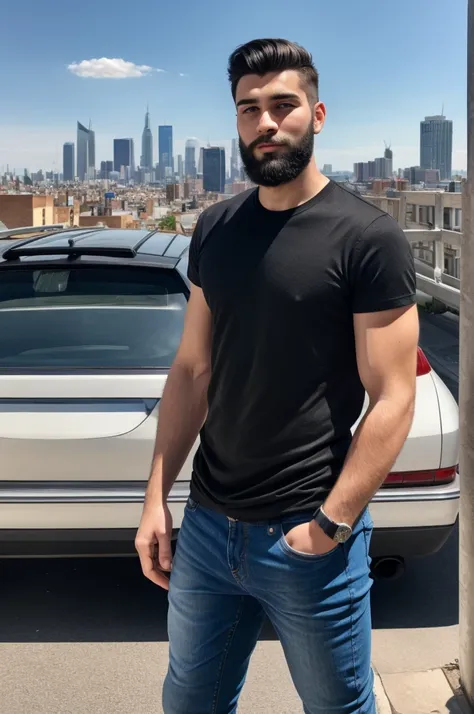 A handsome 20 year old boy, with a full black beard, medium hair, stylish straight hair, hair combed to the side, black t-shirt, jeans, standing, in the background the city, blue sky during the day