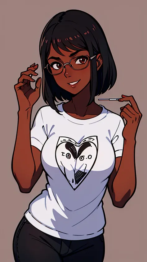 1 Brown skin girl with (black straight hair) with (silver and round glasses) is smiling, arte lofistyle, fanart oficial, arte lofi, Rhads e Lois Van Baarle, retrato de lofi, jazz e rossdraws, lazy |, fanart de alta qualidade, ((no background))