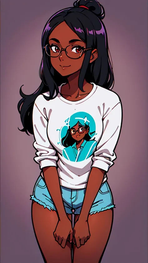 1 Brown skin girl with (black straight hair) with (silver and round glasses) is smiling, arte lofistyle, fanart oficial, arte lofi, Rhads e Lois Van Baarle, retrato de lofi, jazz e rossdraws, lazy |, fanart de alta qualidade, ((no background))