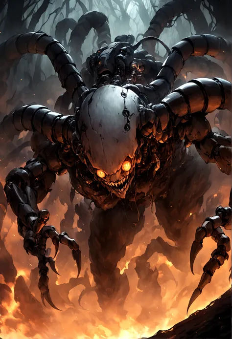 Describe a character that looks like a mechanical or robotic creature with dark, sinister features. This character should have a large, toothy grin and a somewhat monstrous look. It appears to be crawling or creeping forward, with shadowy or smoky elements...