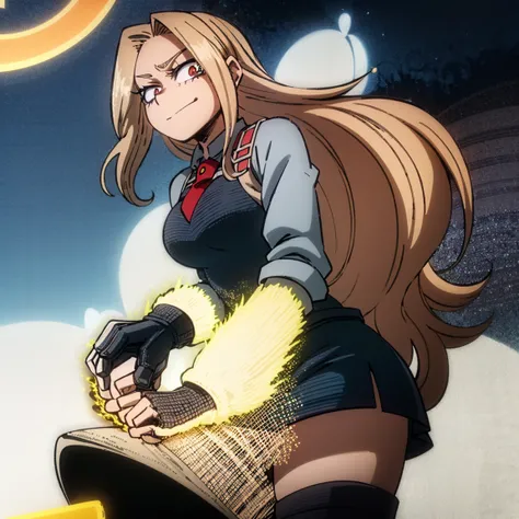 1girl, female focus, boku no hero academia, masterpiece, best quality, very aesthetic, cowboy shot, big breasts, long curly hair, orange hair, dark pink eyes, smirk, gray jacket, red tie, white shirt, teal skirt, gray tights, boots