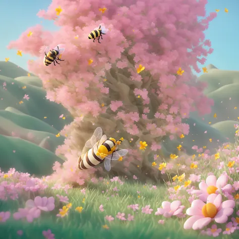 there is a bee flying over a field of flowers with a bee, a 3d render by jeonseok lee, trending on polycount, conceptual art, cu...