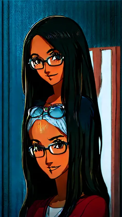 1 Brown skin girl with (black straight long hair) with (silver and round glasses) is smiling, arte lofistyle, fanart oficial, arte lofi, Rhads e Lois Van Baarle, retrato de lofi, jazz e rossdraws, lazy |, fanart de alta qualidade, ((no background))