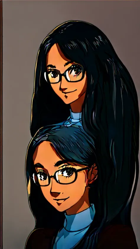 1 Brown skin girl with (black straight long hair) with (silver and round glasses) is smiling, arte lofistyle, fanart oficial, arte lofi, Rhads e Lois Van Baarle, retrato de lofi, jazz e rossdraws, lazy |, fanart de alta qualidade, ((no background))