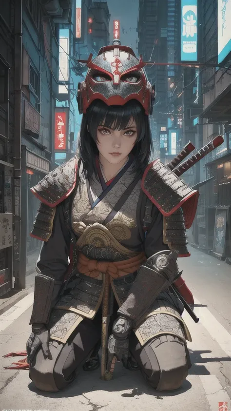 Hyperrealistic version of a woman kneeling down with a sword in her hand, very beautiful cyberpunk samurai, anime cyberpunk art, cyberpunk samurai, cyberpunk anime art, anime cyberpunk, cgsociety 9, digital cyberpunk anime art, style of maciej kuciara.1gir...