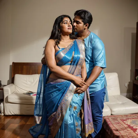 A radiant, full-figured plus sized South Indian 45 year old bride wearing a transparent blue colour silky saree standing hugging and kissing a 23 year old boy in a living room, , captured in a full-body image with vibrant hues and meticulous details. Full ...