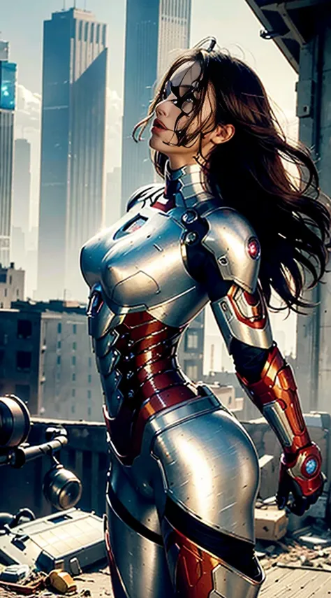 SPIRIT, ​masterpiece, ultra fine photo,, best quality, Ultra high resolution, photorealestic, sun light, full body portrait, breathtakingly beautiful,, dynamic poses, tender face, shining eyes, (side view) , She wears a futuristic Iron Man mech, Red and go...