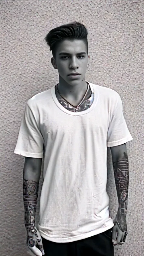 Generate an image in dramatic cinematic black and white, featuring a young man wearing a blank black loose tee shirt in a street . Include a textured on the wall in the background. give the model few minimalistic tattos on the arm.