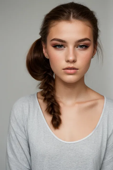 a 20 year old,  Scandinavian model, eyeshadows, pony tail,