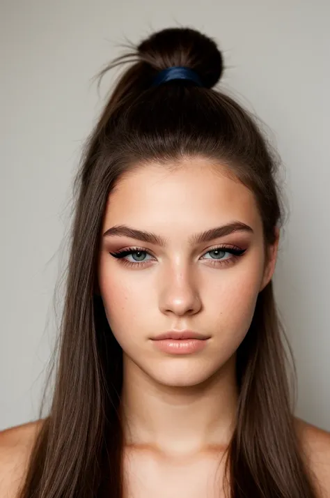 a 20 year old,  Scandinavian model, eyeshadows, pony tail,