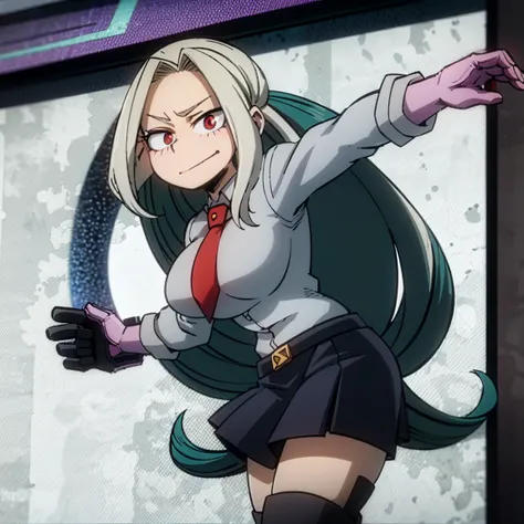 1girl, female focus, boku no hero academia, masterpiece, best quality, very aesthetic, cowboy shot, big breasts, long curly hair, orange hair, dark pink eyes, smirk, gray jacket, red tie, white shirt, teal skirt, gray tights, boots