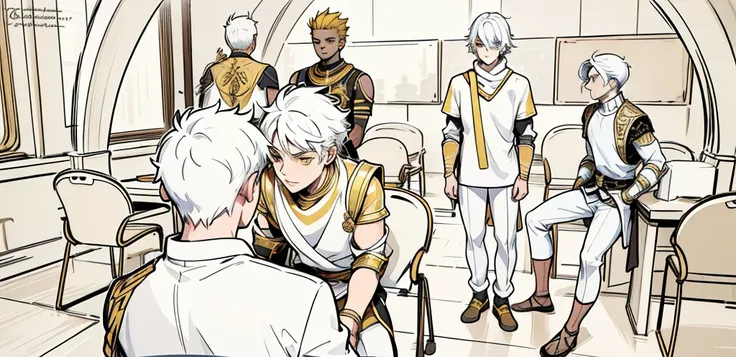 There is a boy sitting with his back turned and several men in front of him intimidating him. They only have white hair and yellow eyes, black tunics, golden armor, black with yellow golden jewelry.