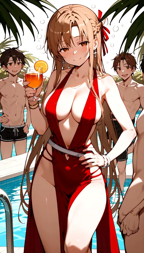 score_9,score_8_up,score_7_up,18 year old,1girl,asuna (sao-alo), sword art online,yuuki asuna,nsfw,brown eyes, brown hair, long hair, bangs, braid,standing,leg lift,hand on hip, holding cup,drunk-seductive-smile,blush,large breasts,brown hair,parted hair,l...