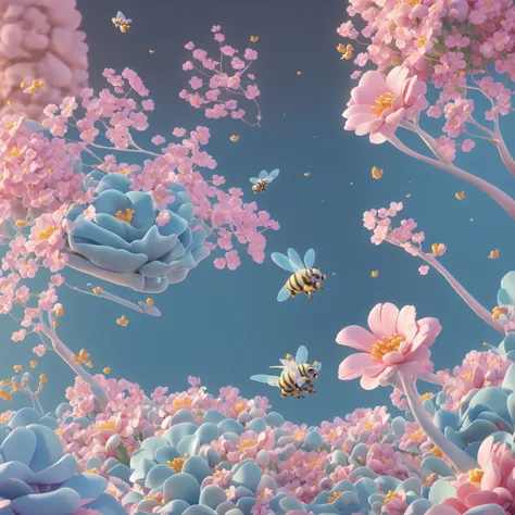 there is a bee flying over a field of flowers with a bee, a 3d render by jeonseok lee, trending on polycount, conceptual art, cu...