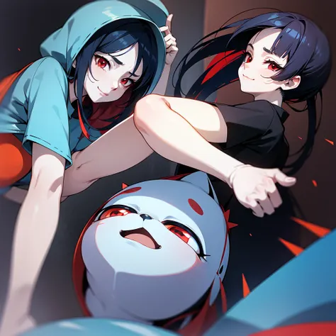 anime style , with 4 blue and red capsules in the palm of her hand, behind her several blue and red capsules floating, slight smile, red eyes, very pale skin, black hair, black t-shirt with a psychedelic cat print, face with scratizes, appearance of a begg...