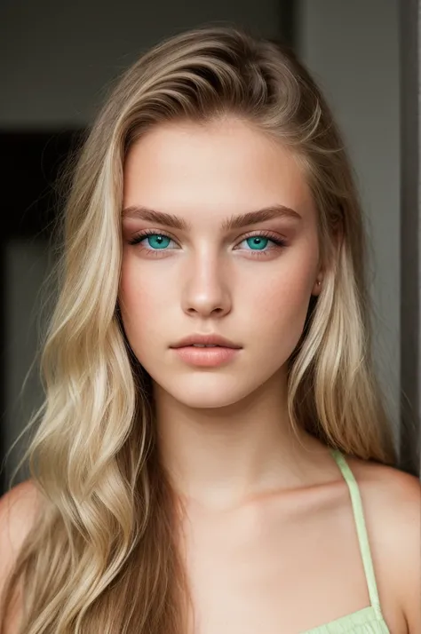 a 20 year old,  Scandinavian model, eyeshadows, long blond hair, thick lips, Light green eyes, bright eyes