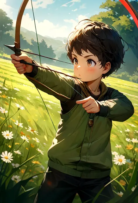 Little boy with brownish black hair traning archery in the middle of field (Pointing a bow and arrow to a training target). 4K Resolution, Ultra Detailed. 