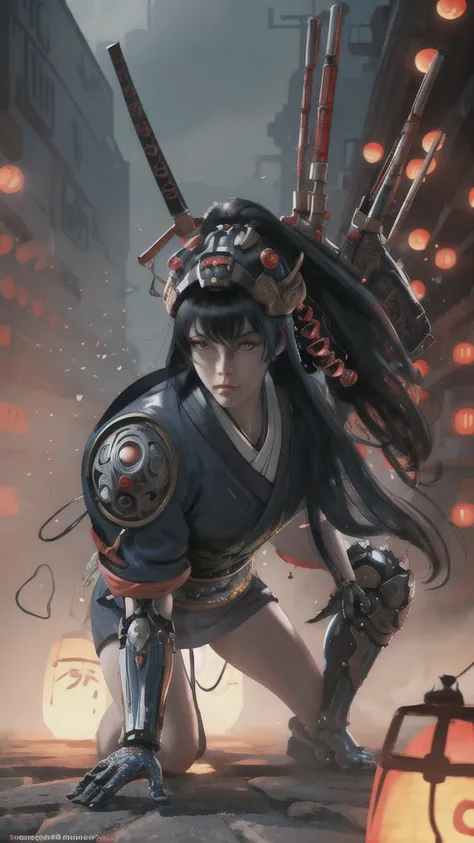 Hyperrealistic version of a woman kneeling down with a sword in her hand, very beautiful cyberpunk samurai, anime cyberpunk art, cyberpunk samurai, cyberpunk anime art, anime cyberpunk, cgsociety 9, digital cyberpunk anime art, style of maciej kuciara.1gir...