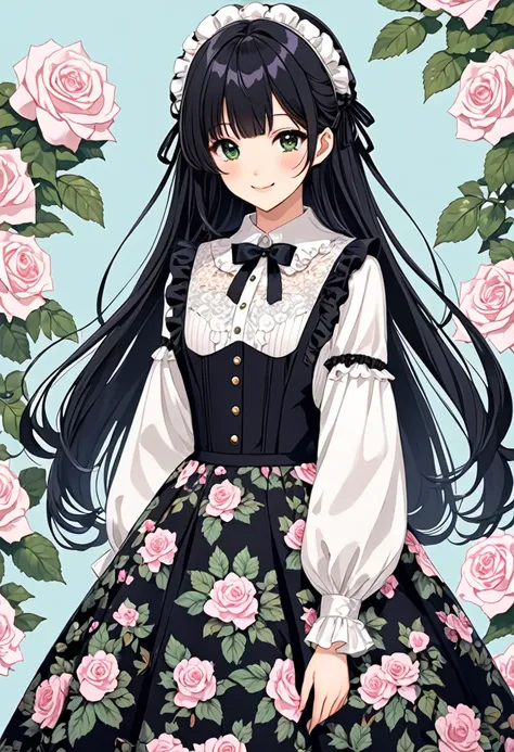 Long black hair、Cute girl with dark eyes、smile、Wearing a classic style、High waist design and mid-calf length full skirt。The fabric has large white and pink roses on a pale blue background、It has an intricate floral pattern with green leaves。On top of the o...