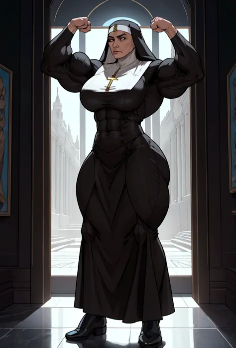 tall muscle nun womn flex her big biceps small suit cinematic lighting, ray tracing, surrealism, high detail, modern, realism, h...